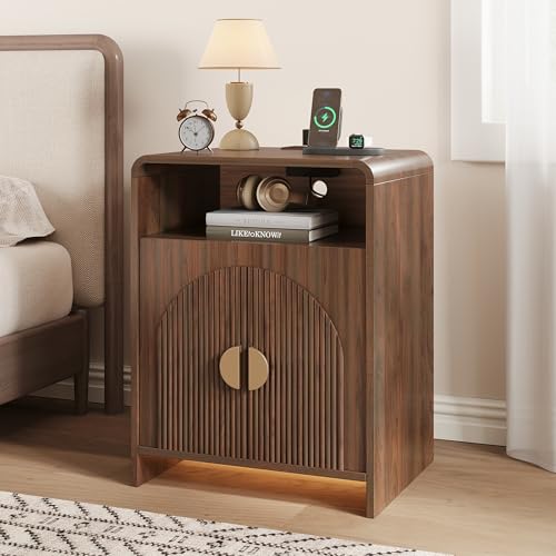 Nightstand with Charging Station and LED Lights, Night Stands with Adjustable Storage Cabinet, Modern Side Table with Fluted Doors and Open Storage, Bedside Table for Bedroom, Walnut - color: Walnut