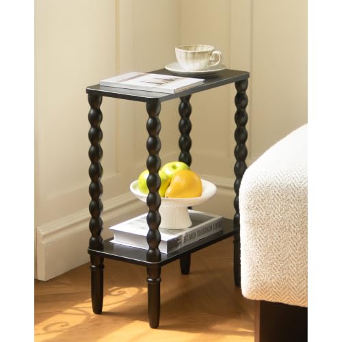 Fultyle Small Narrow Side Table, Narrow End Table Living Room with Storage, 2-Tier Vintage Accent Table Slim Nightstand for Small Spaces, Office, Bedroom (Black) - color: Black