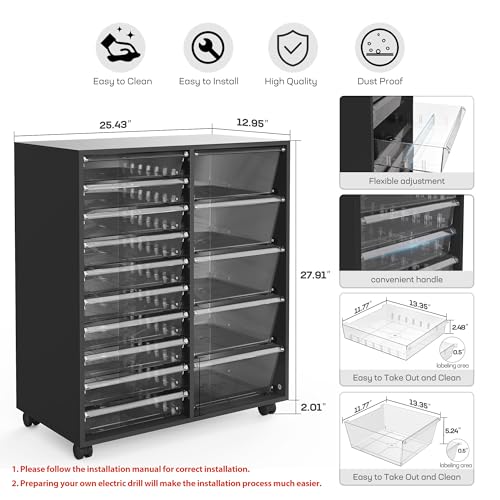 WOPITUES Mobile Storage Cabinet with 15 Clear Drawers, Craft Cabinet with 5 Large Drawers, Cart with Wooden Tabletop, Printer Stand Home Office, Dresser Chest, Modern Black - color: Black, size: 10M+5L