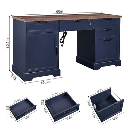 60" Farmhouse Executive Desk with Lock,Home Office Desk with Charging Station,Executive Desk with 4 Drawers & 1 Cabinet&1 File Cabinet for Office and Home - color: Blue