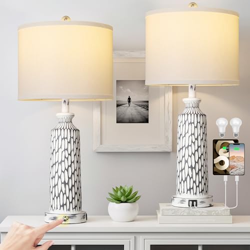 QiMH 26" Table Lamps Set of 2, Modern Bedside Lamps with USB A+C Ports, 3-Way Dimmable Touch Control & White Shade, Coastal White Gray Nightstand Lamp for Living Room Bedroom, Included 2700K LED Bulbs - color: Gray white