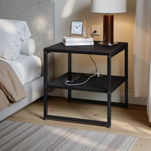 Tatub 20IN Black End Table with Charging Station & USB Ports Outlets | Versatile Mini Fridge Table Printer Stand Nightstand for Bedroom Living Room - color: Black