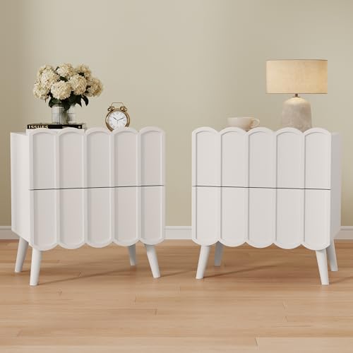 Modern Fluted Nightstand for Bedroom, White Wood Bedside Table | Wood End Side Table with Arch Curved Design, Night Stand with 2 Drawer - color: White, size: 1 Pack