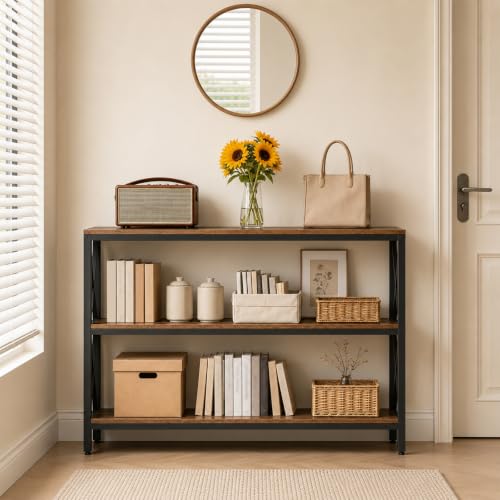 MAHANCRIS 47.2" Sofa Table, Industrial Console Table, 3-Tier Narrow Sofa Table with Storage Shelves, Foyer Table for Entryway, Hallway, Kitchen, Living Room and Bedroom, Rustic Brown CTHR800201 - color: Rustic Brown, size: 9.4"D x 47.2"W x 31.7"H