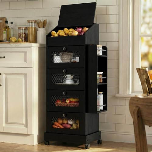 ARTETHYS Potato Storage Bin 5-Tier Rolling Black Bread Box with Side Rack | Onion Keeper with Spice Rack on Wheels, Movable Fruit & Vegetable Container with 4 Ventilated Drawers for Kitchen - color: Black
