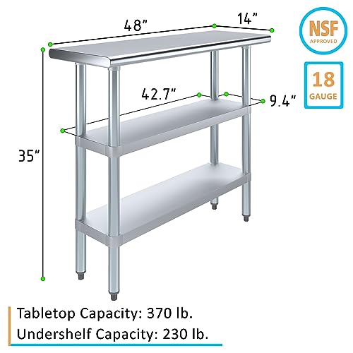 Stainless Steel Work Table with Second Undershelf – Narrow Commercial Prep Table for Kitchen, Bakery, or Garage – NSF Certified (14" x 48") - size: 14x48