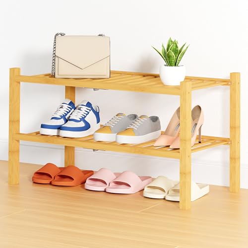 Smiry Bamboo Shoe Rack, 2 Tier Free Standing Wooden Shoe Organizer, Stackable Wood Shoe Storage Shelf for Closet, Entryway, 14 Vertical Slats, One-piece Heavy-Duty Legs, 26.8"x11"x13", Natural - color: Natural, size: 26.80" Wide - 2 Tier - Thicker