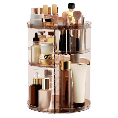 Rotating Makeup Organizer, DIY 8 Adjustable Layers Spinning Skincare Storage, Cosmetic Display Case with Brush Holder and Perfume Tray, Multi-Function Vanity Bathroom Countertop Organizer Clear Coffee - color: Clear Coffee