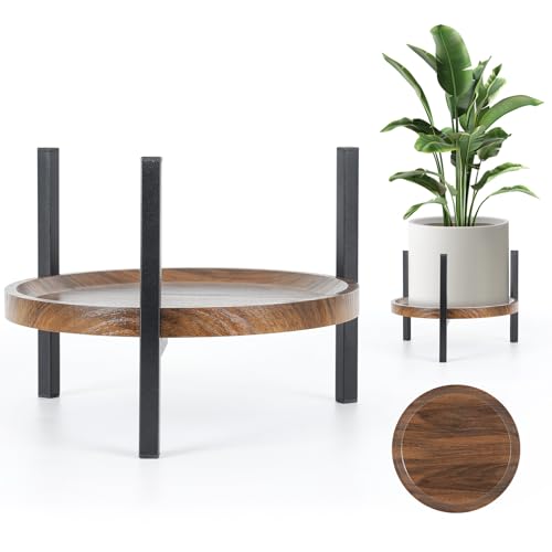 Plant Stand Indoor Adjustable with Walnut Wood Tray, Metal Modern Indoor Plant Stand, Heavy Duty Plant Stands Outdoor Corner, Stable Plant Holder, Fits 8 to 12 Inches Pots, Black, 1 Pack - color: Walnut Wood Tray, size: 1 Pack