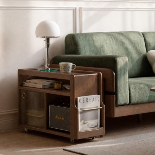 Solid Wood Narrow Side Table with Storage, End Table with Magazine Rack & Glass Door Cabinet, Small Couch Side Table for Living Room, Slim Nightstand for Bedroom, No Assembly - color: Walnut