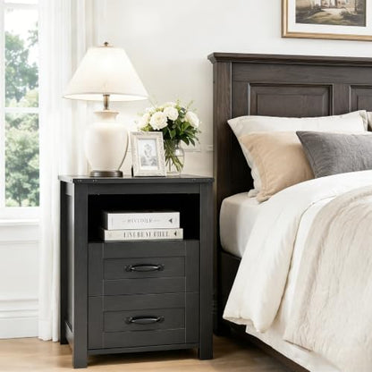 Farmhouse Night Stand, Rustic Black Nightstand for Bedroom, End Tables with Charging Station, Bedside Table with Drawers, Wood Bedside Cabinet Dresser - color: Black, size: 1pcs with Charging