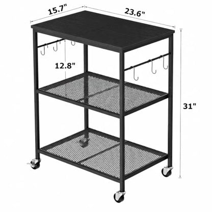 Homleke 3-Tier Rolling Kitchen Microwave Cart, Kitchen Utility Cart on Lockable Wheels, Coffee Bar Table Station with 6 S-Shaped Hooks, Small Appliance Storage Shelf, Black - color: Black, size: 3-Tier