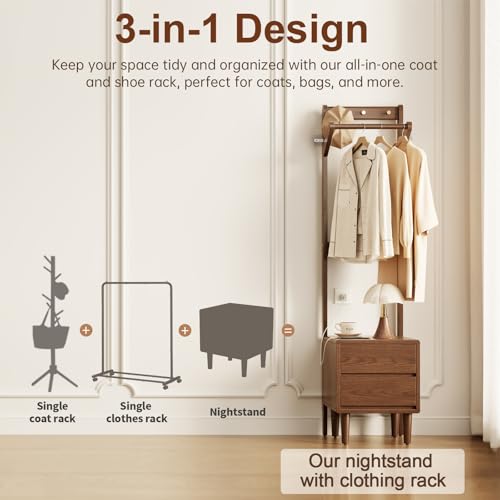 Solid Wood Coat Rack Freestanding,Standing Coat Rack with 2 drawers,Clothing Racks for Hanging Clothes,Narrow Hall Tree with Storage,Walnut Nightstand with 6 Coat Hooks for Bedroom Entryway Corner - size: 2 drawers