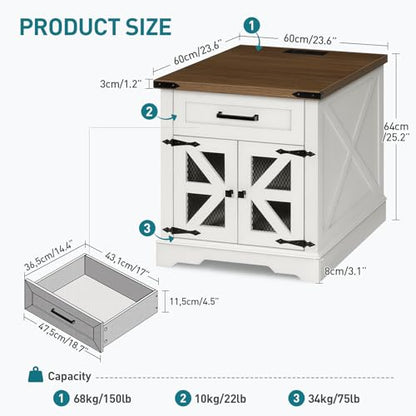 RALGEND White Farmhouse End Table with Charging Station, 24" Large Sofa Side Table with Drawer, Large End Table for Living Room, Wooden Nightstand with Outlet, Square, White and Walnut - color: White and Walnut