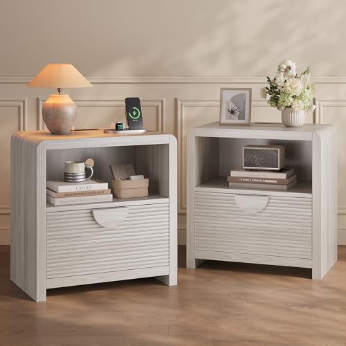 Fluted Nightstands Set of 2 with Charging Station, 23" Wide Wood Bedside Tables with Drawer and Open Compartment, Mid Century End Tables for Bedroom, Home Office, Gray Oak - color: Gray Oak, size: 2 pcs