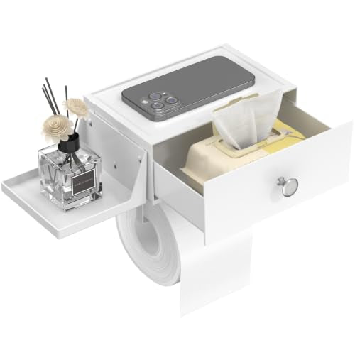 Lifewit Plastic Toilet Paper Holder with Shelf and Drawer, Screw or Adhesive Wall Mount Tissue Roll Storage, Sturdy Bathroom Wipes Dispenser Organizer, White, 1 Pack - color: White