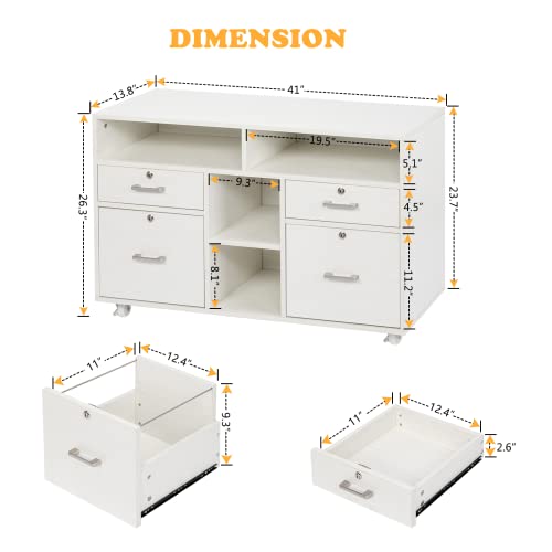 VINGLI Wood Mobile File Cabinet with 4 Drawers and Shelves, Printer Stand with Open Storage, Lockable Lateral Filing Cabinet for Home Office, Assembly Required, Light Beige Close to White - color: White