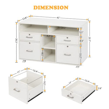 VINGLI Wood Mobile File Cabinet with 4 Drawers and Shelves, Printer Stand with Open Storage, Lockable Lateral Filing Cabinet for Home Office, Assembly Required, Light Beige Close to White - color: White