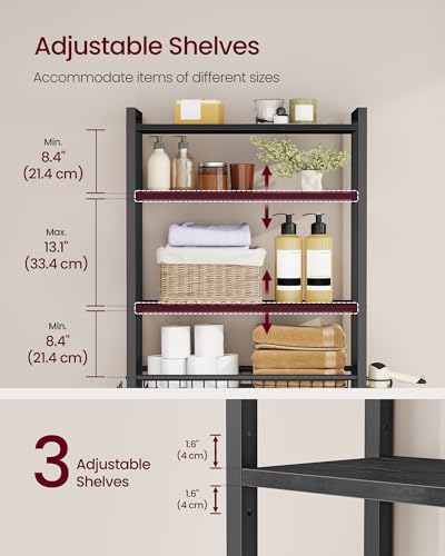 VASAGLE BARNET Collection - Over the Toilet Storage, Over Toilet Bathroom Organizer with Adjustable Shelves and Basket, 3 Hooks, Space Saving, 9.4 x 23.6 x 68.1 Inches, Ebony Black UBTS114BE01S - color: Ebony Black, style: 4 Tiers (68.1" H)
