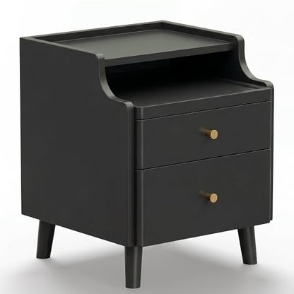 Nightstand with Drawers, Pre-Assembled, 19.7" H Natural Solid Wood Night Stand with Open Sliding Shelf, Mid Century Modern Small Bedside Table Cabinet for Bedroom, Black 16" - color: Black, size: 16"