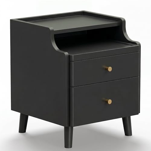 Nightstand with Drawers, Pre-Assembled, 19.7" H Natural Solid Wood Night Stand with Open Sliding Shelf, Mid Century Modern Small Bedside Table Cabinet for Bedroom, Black 16" - color: Black, size: 16"