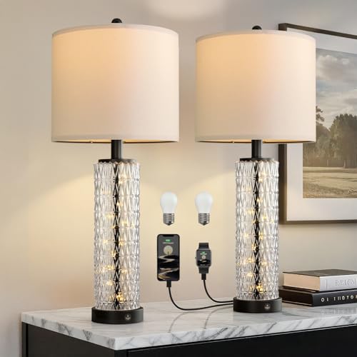 Oneach 27.75” Table Lamps Set of 2, Black Modern Bedside Lamp with LED Night Light, USB A+C, Glass Lamps for Living Room, Bedroom, Nightstand, Office, End Table (2 Bulbs Included) - color: Black - White Shade