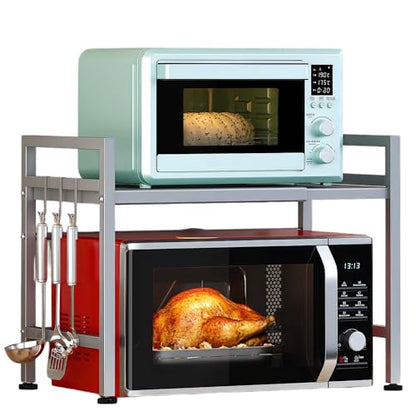 PUSDON Expandable Microwave Oven Rack, 2-Tier Countertop Baker's Rack Style Shelf, Heavy Duty Stand with 3 Hooks, 160lbs Capacity Stainless Steel Appliance Match, Silver Gray - color: Silver Grey, size: H-frame 2 tier