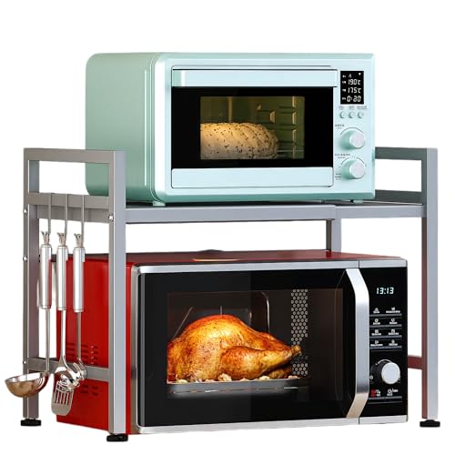 PUSDON Expandable Microwave Oven Rack, 2-Tier Countertop Baker's Rack Style Shelf, Heavy Duty Stand with 3 Hooks, 160lbs Capacity Stainless Steel Appliance Match, Silver Gray - color: Silver Grey, size: H-frame 2 tier