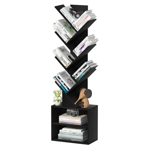 SHEEPAM 10 Tier Tree Bookshelf,Floor Standing Wood Tall Bookcase for Narrow Space, Storage Organizer Bookshelves for Books, Book Case for CDs/Movies/Books,Home Office,Living Room, Bedroom - color: Classic Black, size: 10 Tier