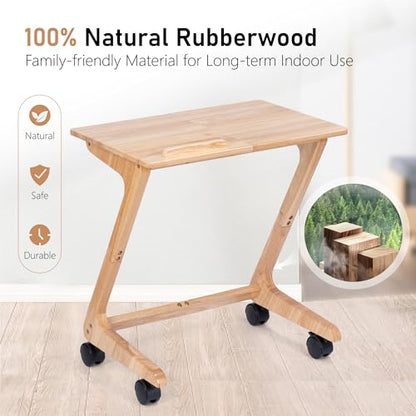 TV Tray Table, TV Dining Table with Casters for Small Spaces, Solid Wood End Table, Sofa Couch Side Table Removable Snack Tray for Coffee Bed Sofa Eating Writing Reading Living Room Bedroom - color: Natural