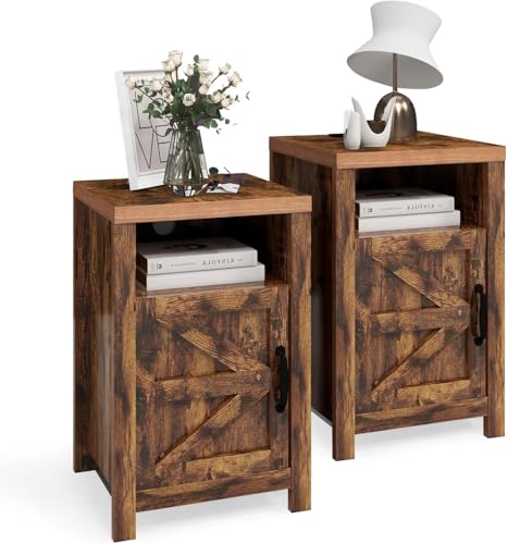 oneinmil Farmhouse Nightstand with Charging Station, Couch Side Table Set of 2, Bedside Table with Storage Space, End Tables with Barn Door, Bed Side Tables for Living Room and Bedroom, Rustic Brown - color: Brown