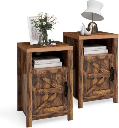 oneinmil Farmhouse Nightstand with Charging Station, Couch Side Table Set of 2, Bedside Table with Storage Space, End Tables with Barn Door, Bed Side Tables for Living Room and Bedroom, Rustic Brown - color: Brown