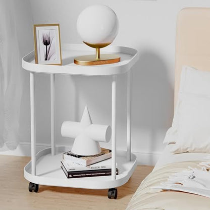 Side Table with Wheels, End Table Living Room Plastic Mobile Sofa Side Table Small Night Stand Bedroom Matte White - color: White, size: 1 Pack