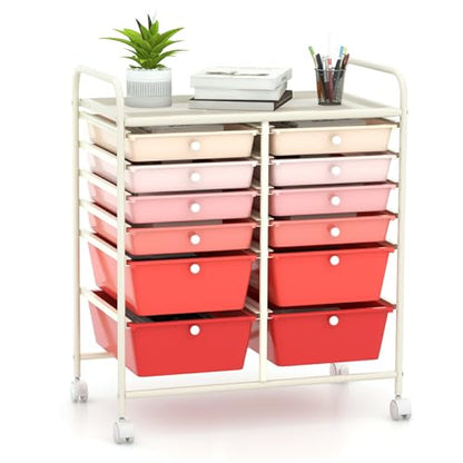 Moccha 12-Drawer Rolling Storage Cart - Utility Cart on Wheels with Lockable Casters for Craft Art Supply Paper Salon, Mobile Drawer Carts for Classroom Teacher School Office (Gradient Pink) - color: Gradient Pink, style: 12 Drawers