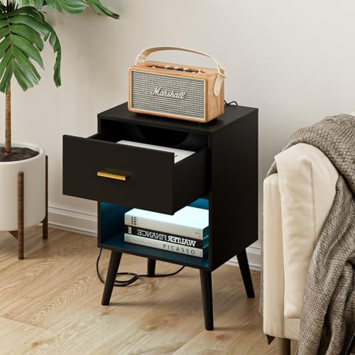 Aienvey Nightstand with Charging Station and LED Lights, Black | Small Side Table, Bedside Table with Drawer, Modern Night Stand with Light/Power Strip, End Table for Bedroom, Living Room - color: Black