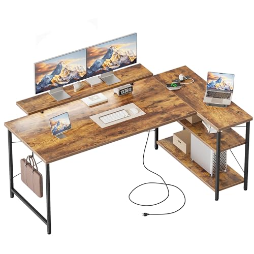 55 in L Shaped Gaming Desk, Large Corner Desk with Monitor Stand | Reversible Computer Desk with Power Outlets, LED Light & Storage Shelves, Office Table for Home Bedroom Study Work Writing - color: Brown, size: 55 inch