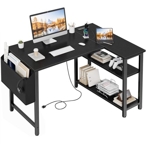 Lufeiya Small L Shaped Desk with Power Outlet Shelves, 40 Inch Corner Computer Desk for Small Space Home Office, L-Shaped Gaming Desk PC Desks with Charging Station, Black - color: Black, size: 39.4"