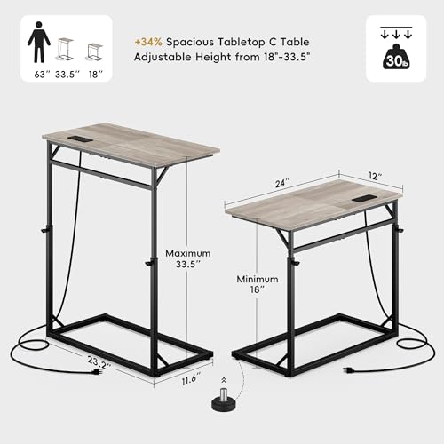 Vagusicc C Shaped End Table with Charging Station, C-Table End Table Adjustable Height Side Table for Couch, Large Couch Table, Slide Under Couch Table TV Tray Table for Sofa,Living Room,Bedroom, Grey - color: Greige, style: With Plug