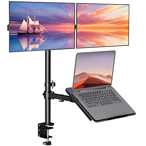 WALI Triple Arm Laptop and Dual Monitor Desk Mount for 17" Notebook and Up to 27" Screens, Extra Tall Adjustable Monitor Stand with Laptop Tray, VESA 75x75 100x100, Black (M002XLLP) - size: Triple, style: Adjustable Desk Mount