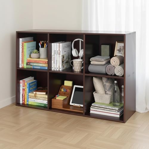 6-Cube Bookcase, 2-Tier Solid Wood Storage Organizer Brown 35.4in | Open Bookcase for Bedroom, Study, Bookstore & Office