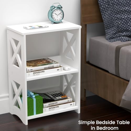 3-Tiers Narrow Side Table, Slim Nightstand Bedside Table, Small Bookshelf | Modern End Table for Small Spaces, Living Room, Bedroom, Bathroom and Office.