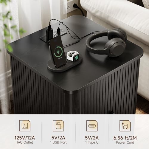 ONBRILL Square End Table with Charging Station, Fluted Storage Nightstand | Mid-Century Modern Accent Side Table with Sliding Door & Sturdy Pedestal, for Small Space, Living Room, Bedroom, Walnut - color: Black
