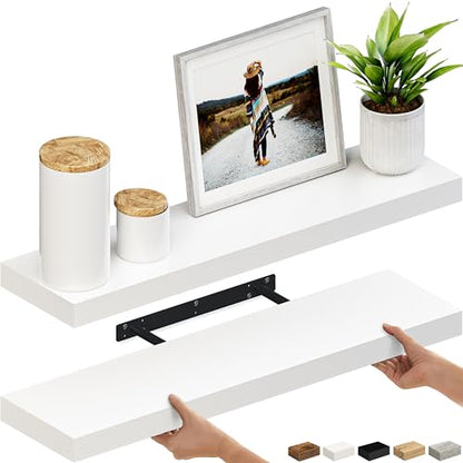 Ballucci Floating Shelves, 36" Wood Wall Shelf Set of 2, with Invisible Brackets for Bathroom, Living Room, Bedroom, Kitchen, Nursery, 6" Deep, White - color: White, size: 35.4 inches