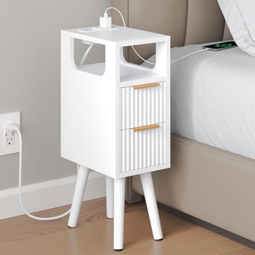 Narrow Side Table with Charging Station, Skinny Fluted Nightstand, White | 7.9" Wide, 24.4" H, 2 Drawers, Solid Wood Feet, Open Shelf, Slim End Table for Small Spaces, Bedroom - color: White-1 Pcs