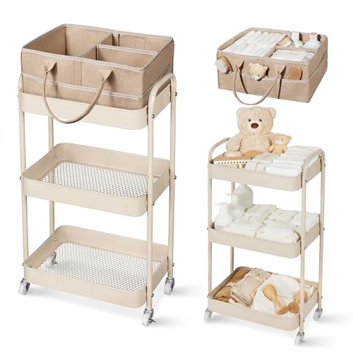Fortella Baby Diaper Caddy, 3 Tier Rolling Storage Cart for Baby Essentials, Diaper Cart with Detachable Dividers, Storage & Baby Bottle Organizer, Nursery Dresser for Bedroom, Living Room (Taupe) - color: Taupe