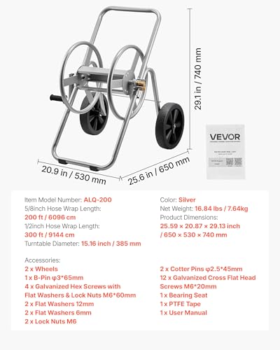 VEVOR Hose Reel Cart, 200/300 ft High-Pressure Garden Hose Cart, Hoses Reel Carts with Two Wheels, Handle & Heavy-Duty Mesh Storage Basket, Portable Hoses Reels for Garden Watering, Car Washing - style: 200 ft