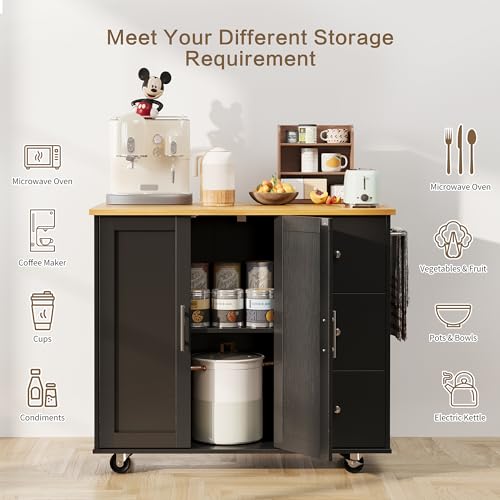 SUNLEI Kitchen Island on Wheels with Storage Cabinet & Foldable Drop Leaf, Rolling Kitchen Table, Cart Handle for Towel Rack, Drop Leaf, Portable Islands for Kitchen (Classic Black, 39.7-INCH)… - size: 39.7 INCH, style: Black