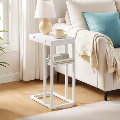 HOOBRO Foldable C Shaped End Table, C Shaped Side Table with Storage Shelf, Small Snack Table, Slide Under Couch Table for Sofa, Living Room Bedroom Small Spaces Easy Assembly, White WW29SF01 - color: White