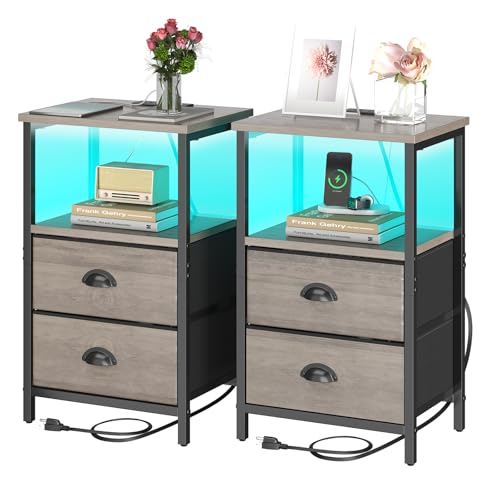 sthmec Nightstand with Charging Station, LED Night Stand Set of 2, Bedside Table End Table with Drawer, Bedroom Tables with 2 Fabric Drawers, 3-Tier Storage Side Table for Bedroom,Grey - color: Grey