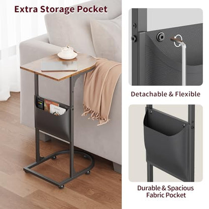C Shaped End Table, Slide Under Small Side Table for Couch & Small Spaces | Wobble-Free C Table, Rustic Brown, Storage Bag, Sturdy Metal Frame, Wood Top, For Living Room Bedroom, 15-Min Quick Assembly - color: Classic Rustic Brown